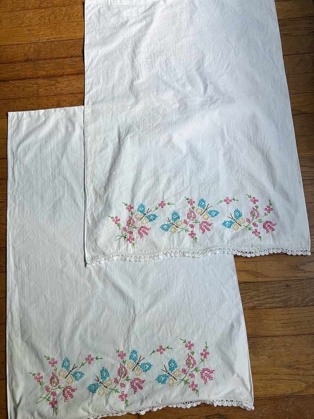 Vintage White Pillowcases with Pink & Blue Butterfly and Floral Cross Stich